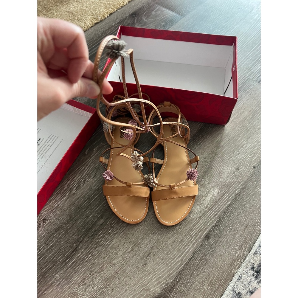 NEW Carlos Santana Gia Sandals Womens 8.5 Beige Gladiator Lace Up Pom Pom Floral